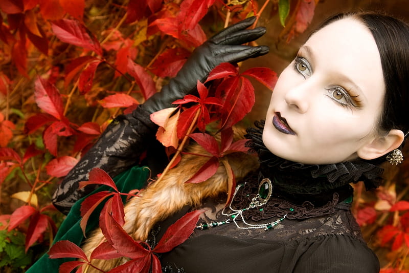 Autumn Goth Lady, red, autumn, bonito, woman, leaves, graphy, girl, gothic, face, lady, eyes, HD wallpaper