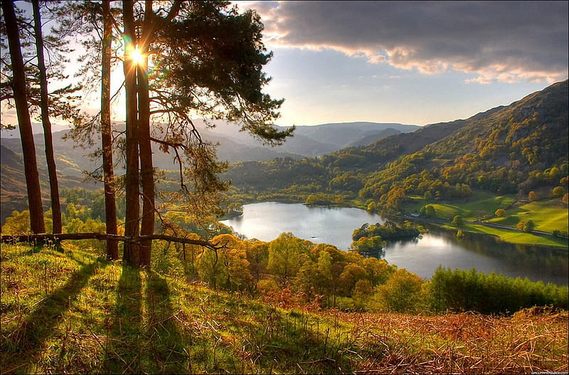 Evening at Rydal lake , sunset, autumn colour, rolling hills, HD wallpaper