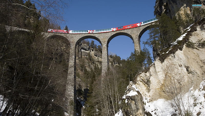 fantastic train bridge in engadin valley swiss alps, cliff, train, bridge, valley, HD wallpaper