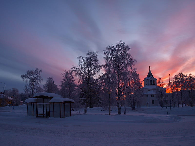 Polar Light, skyscape, lapland, church, trees, winter, light, landscape, HD wallpaper