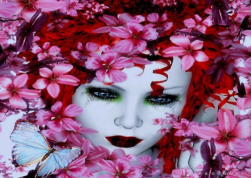 In character, red, adornment, ribbon, face paint, flowers, white, pink, blue butterfly, HD wallpaper