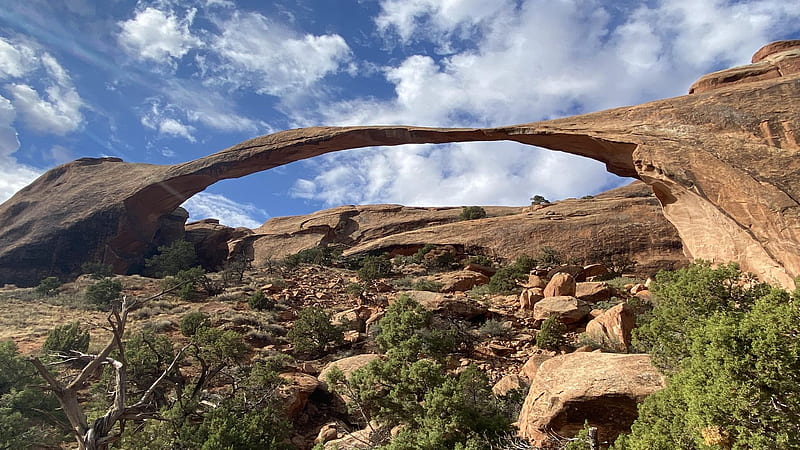 Landscape Arch, Arches National Park, Utah, sky, rocks, stones, clouds, landscape, usa, HD wallpaper