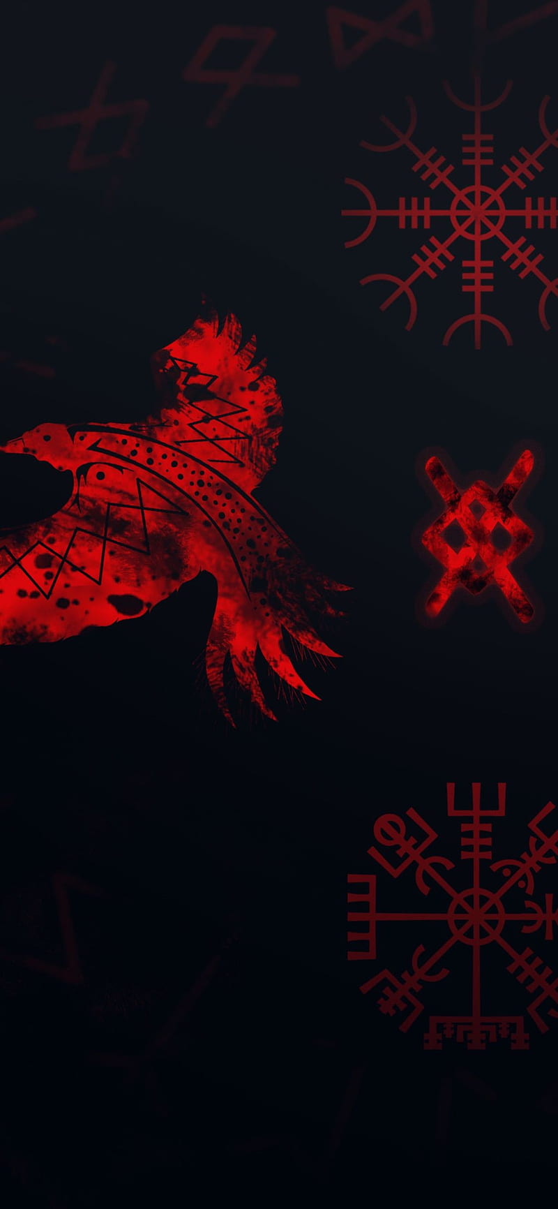 Raven and runes, aegishjalmur, huggin, munnin, norse, pagan, vegvisir, viking, HD phone wallpaper