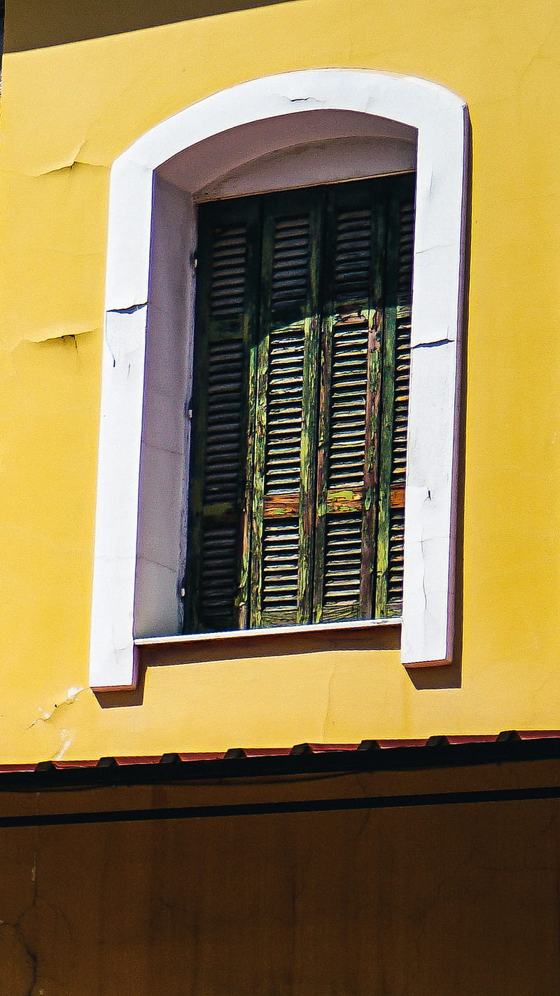 green wooden window on yellow concrete wall, HD phone wallpaper