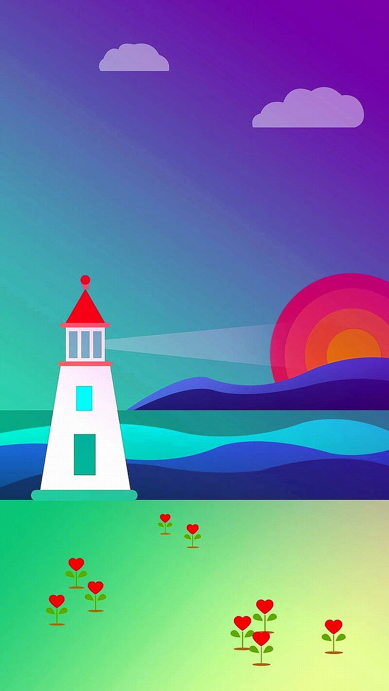 Lighthouse, abstract, art, bonito, cartoon, clouds, colorful, drawing, green, corazones, illustration, sky, sun, HD phone wallpaper