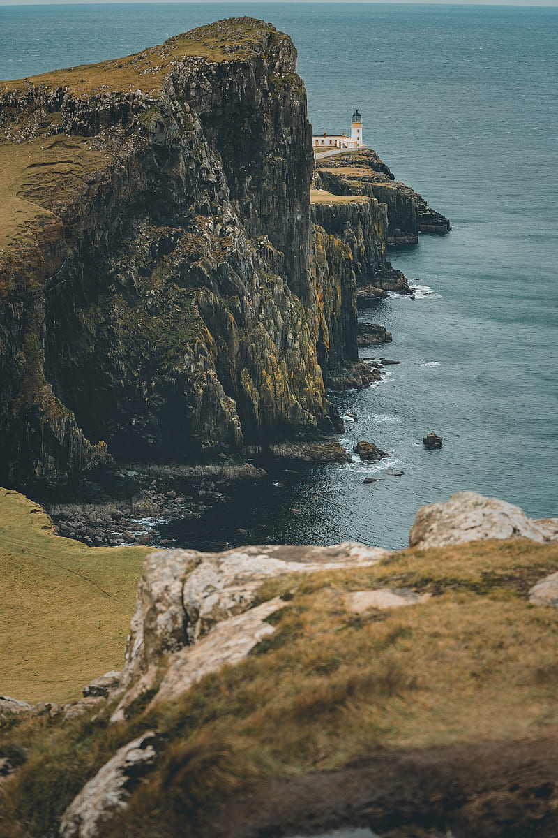 cliff, sea, coast, lighthouse, building, HD phone wallpaper
