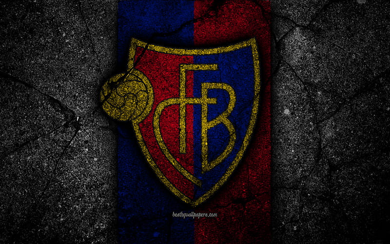 Basel logo, Switzerland Super League, black stone, soccer, football, emblem, FC Basel, Switzerland, asphalt texture, Basel FC, HD wallpaper