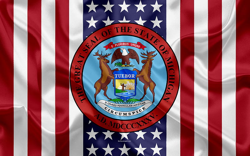 Michigan, USA American state, Seal of Michigan, silk texture, US states, emblem, states seal, American flag, HD wallpaper