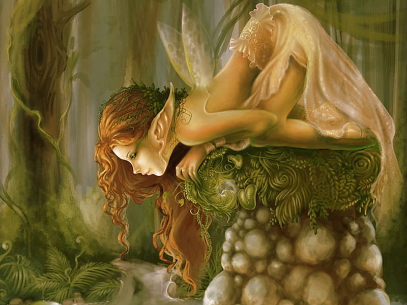 Forest Elf, forest, female, wings, elf, fairy, HD wallpaper