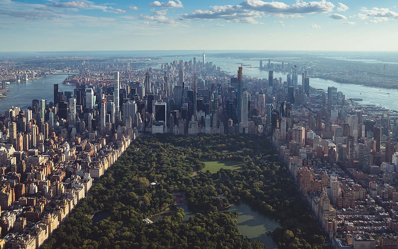 Central Park, New York City, Manhattan, morning, sunrise, skyscrapers, modern buildings, metropolis, cityscape, New York, USA, HD wallpaper