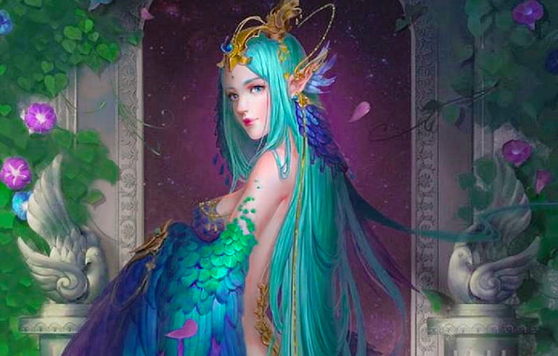 Peacock Fantasy Girl, pretty, art, fantasy, girl, peacock, digital, woman, HD wallpaper