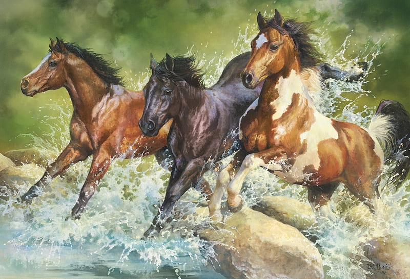 Horses, painting, nature, river, herd, HD wallpaper