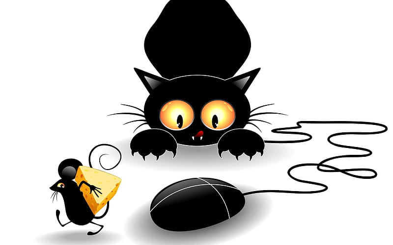 Busy cat, halloween, mouse, black, funny, white, cat, HD wallpaper