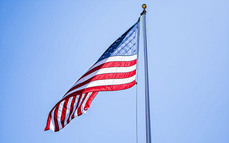 American flag, USA flag, flag on flagpole, blue sky, Flag Of USA, national symbol, HD wallpaper