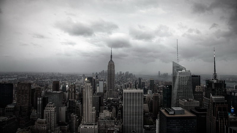 new york city under stormy sky, clouds, sky, storm, citt, skyscrapers, HD wallpaper