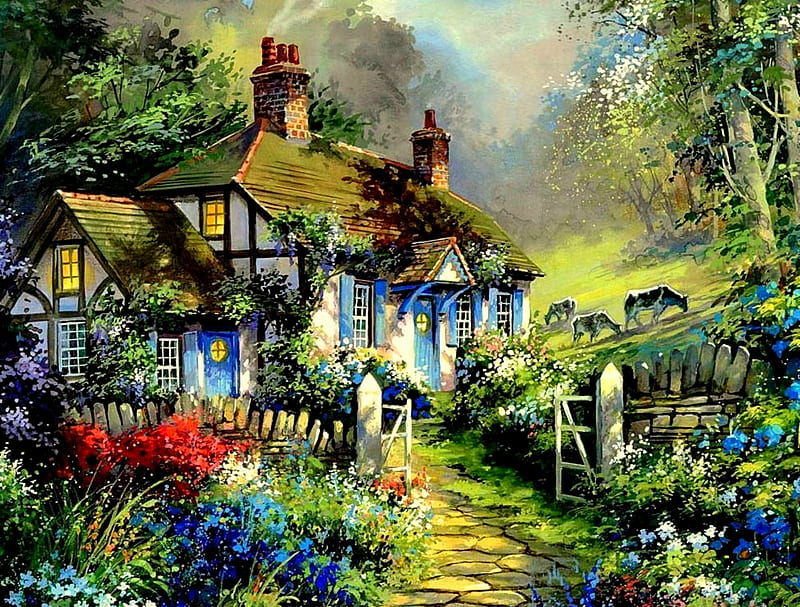 Hillside Cottage, hills, fence, cottage, cobblestone walk, trees, countryside, plants, flowers, garden, pasture, animals, cows, HD wallpaper