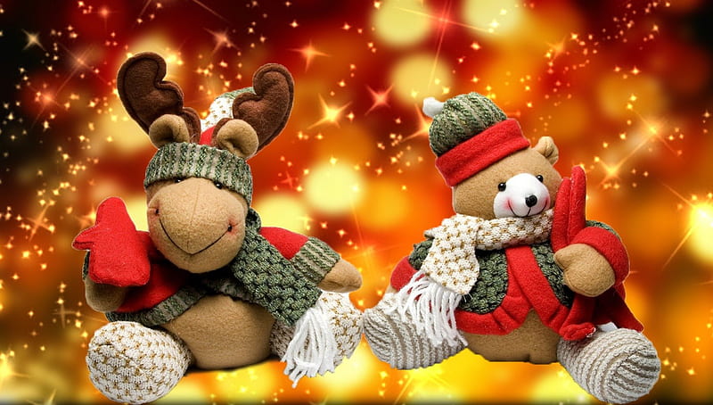 Christmas toys, pretty, teddy, bear, bonito, deer, nice, fireworks, toys, sparkling, lovely, holiday, christmas, new year, joy, presents, funny, gifts, HD wallpaper