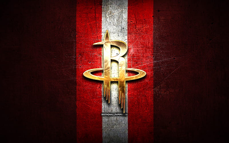 Houston Rockets, golden logo, NBA, red metal background, american basketball club, Houston Rockets logo, basketball, USA, HD wallpaper