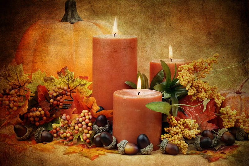 Autumn Candles, still life, autumn, leaves, acorns, berries, pumpkin background, candles, vintage, HD wallpaper