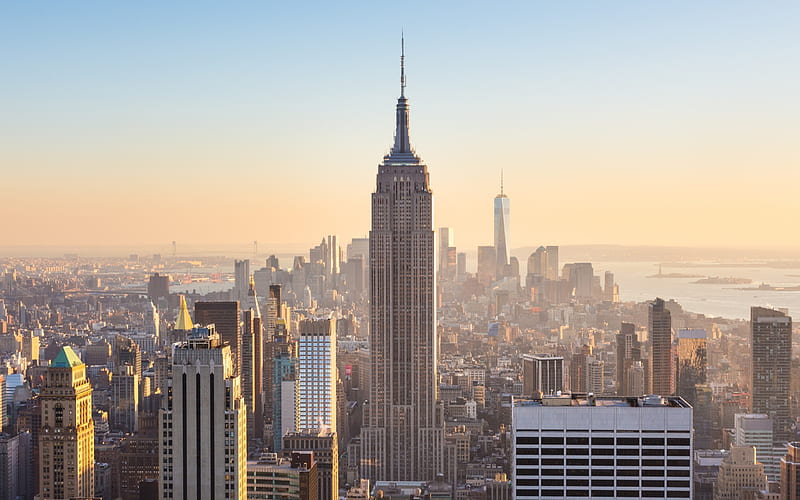 New York, Empire State Building, morning, USA, skyscrapers, World Trade Center 1, metropolis, HD wallpaper
