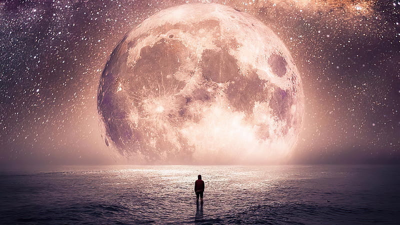 Talking With Moon, moon, alone, artist, artwork, digital-art, HD wallpaper