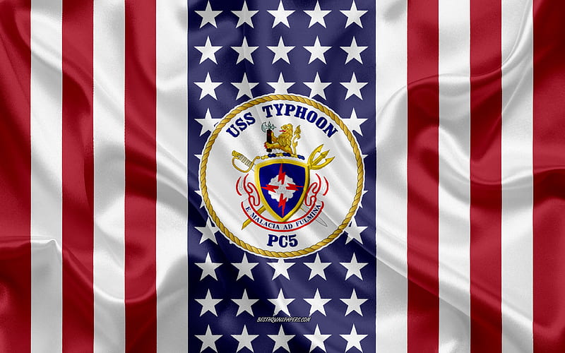 USS Typhoon Emblem, PC-5, American Flag, US Navy, USA, USS Typhoon Badge, US warship, Emblem of the USS Typhoon, HD wallpaper