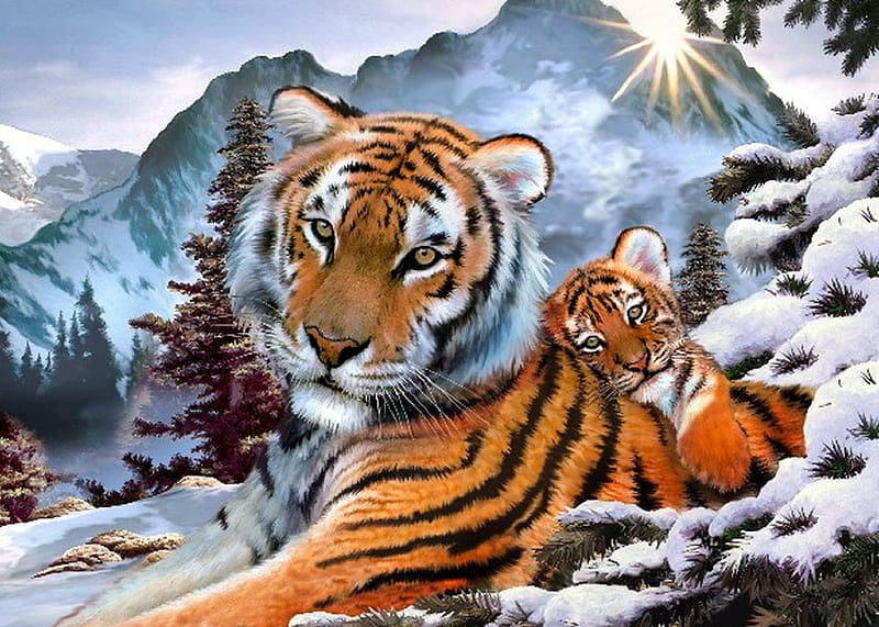 By Howard Robinson, art, snow, painting, cub, tiger, howard robinson, animal, winter, HD wallpaper