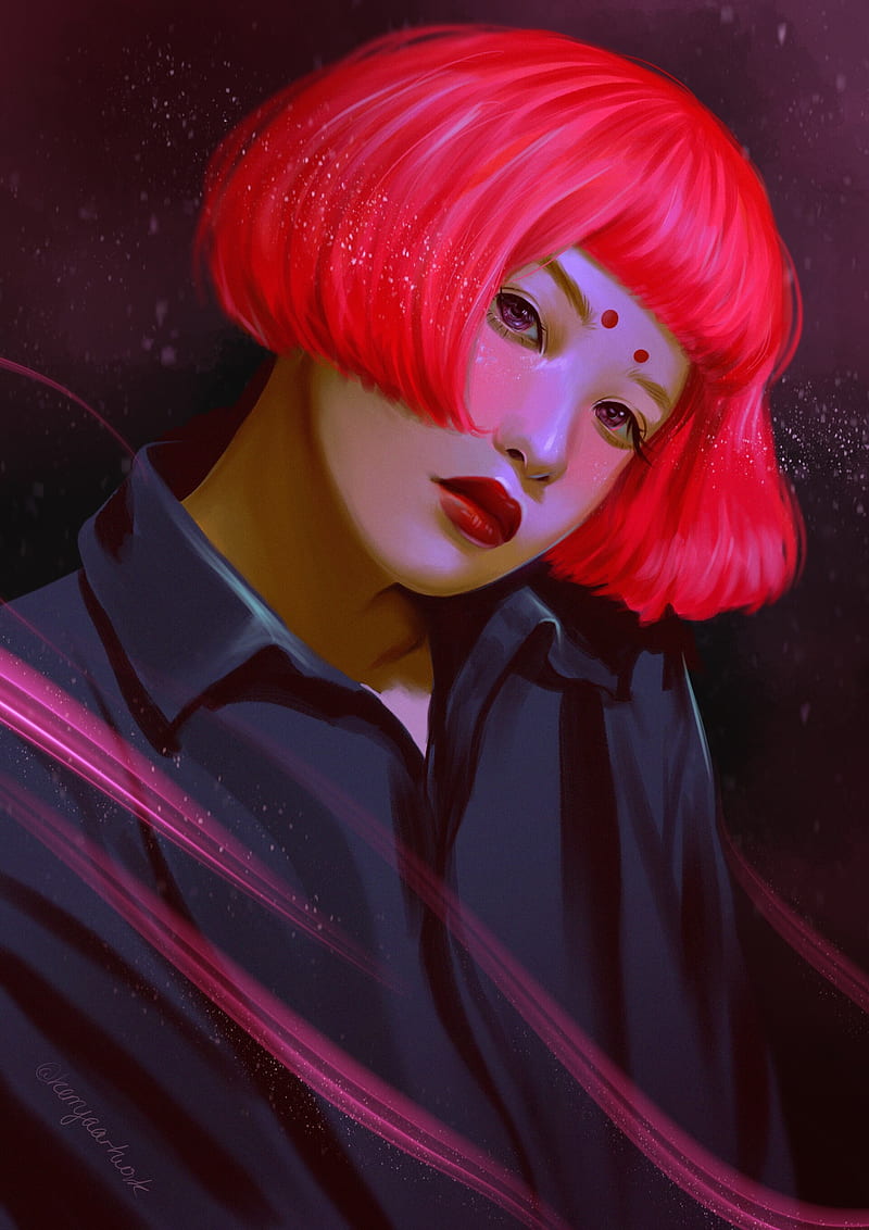 Asian, women, redhead, ArtStation, face, artwork, makeup, red lipstick, HD phone wallpaper