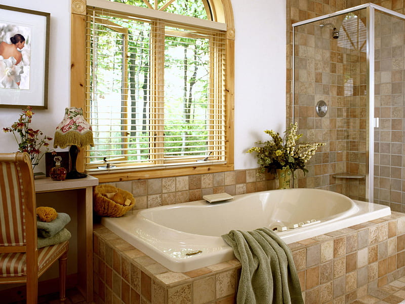 Luxury spa bath, table, window, bath, blinds, towel tub, spa, shower, flowers, chair, HD wallpaper
