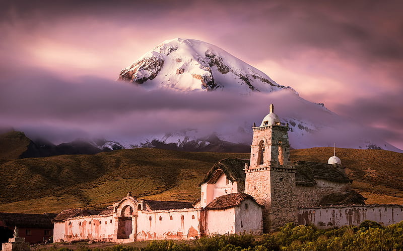 Nevado Sajama, Tomarapi, Church, Sajama Volcano, evening, mountain landscape, landmark, Bolivia, HD wallpaper