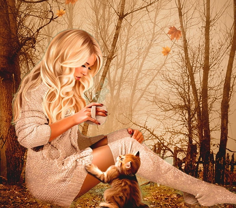 autumn lady, forest, fall, autumn, coffee, garden, cat, lady, HD wallpaper