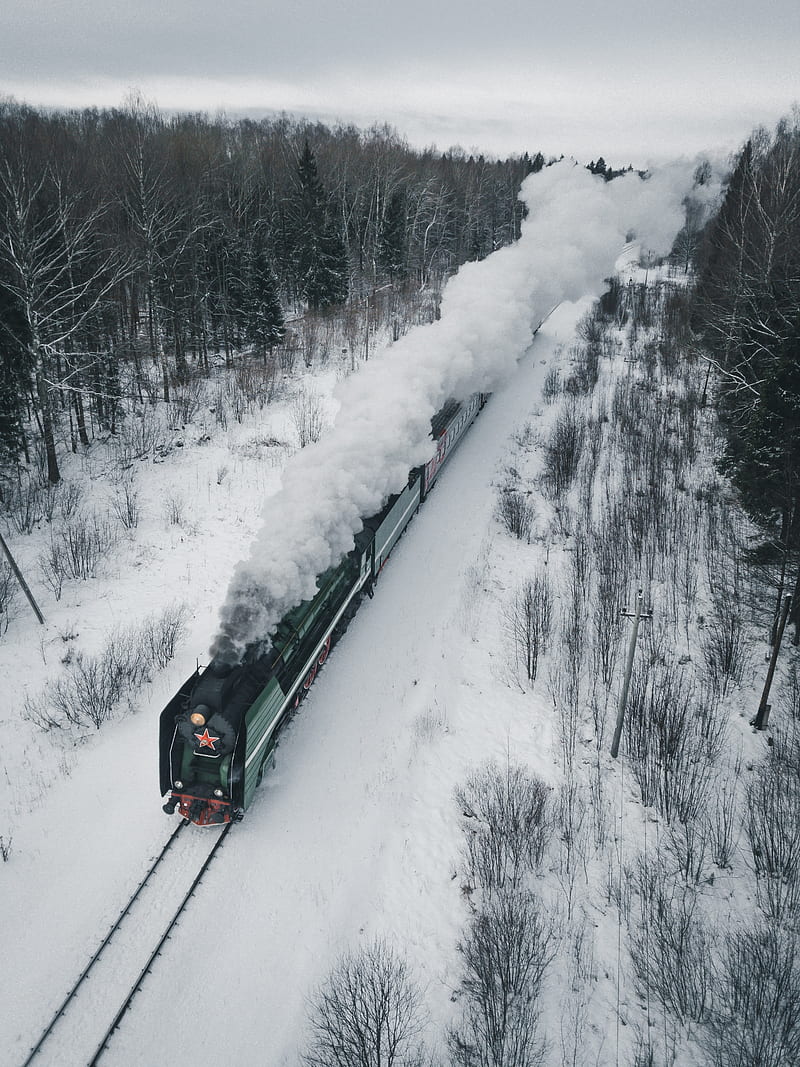 locomotive, train, smoke, railway, winter, HD phone wallpaper