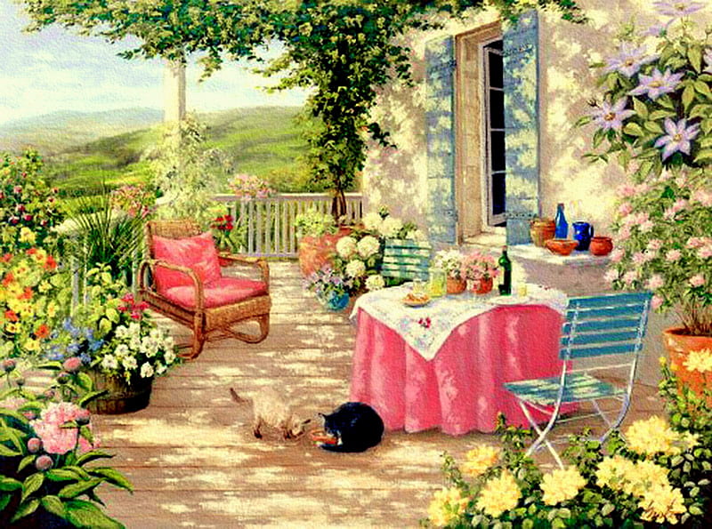 Touch Of Pink, veranda, patio, hills, table, house, pink chair, pink tablecloth, chairs, flowers, vines, cats, HD wallpaper