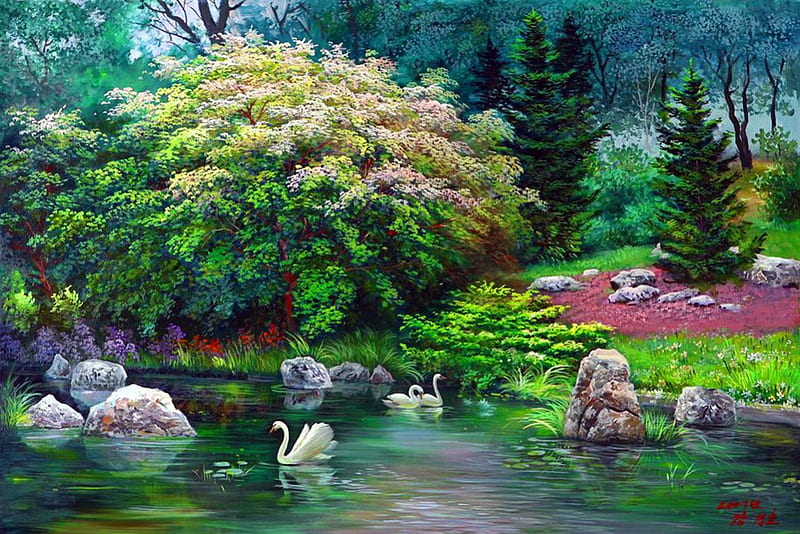 Swan pond, stream, shore, bonito, swan, calm, stones, painting, river, art, forest, greenery, park, trees, lake, pond, serenity, summer, HD wallpaper