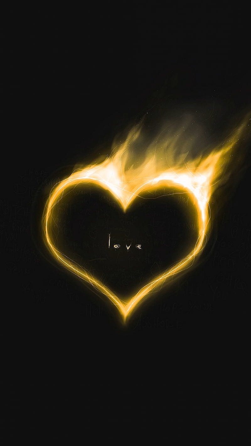 Love, amour, black, fire, flame, heart, yellow, HD phone wallpaper
