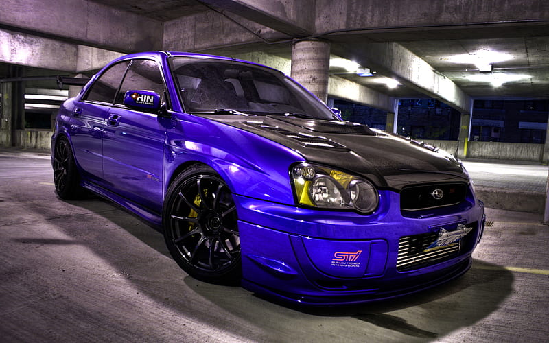 Subaru Impreza WRX STI, R, tuning, stance, purple Impreza, supercars, parking, Subaru, HD wallpaper