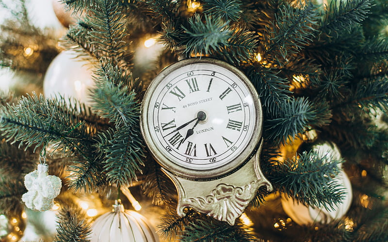 clock, Christmas tree, old alarm clock, Happy New Year, Merry Christmas, HD wallpaper