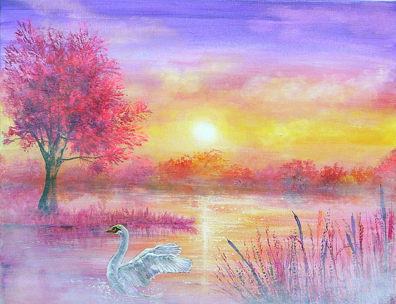 H A Z Y, pretty, draw and paint, attractions in dreams, bonito, swan, landscapes, heaven, scenery, traditional art, lakes, lovely, love four seasons, creative pre-made, trees, mist, plants, sunshine, nature, HD wallpaper