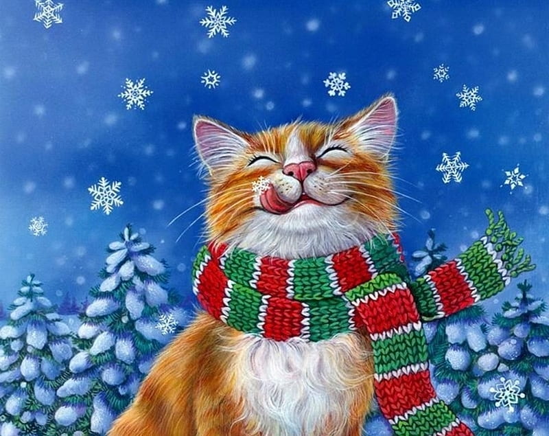 :), winter, blue, red, cat, iarna, cute, fantasy, green, snow, scarf, pisici, HD wallpaper
