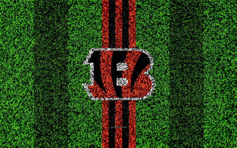 Cincinnati Bengals, logo grass texture, emblem, football lawn, orange black lines, National Football League, NFL, Cincinnati, Ohio, USA, American football, HD wallpaper