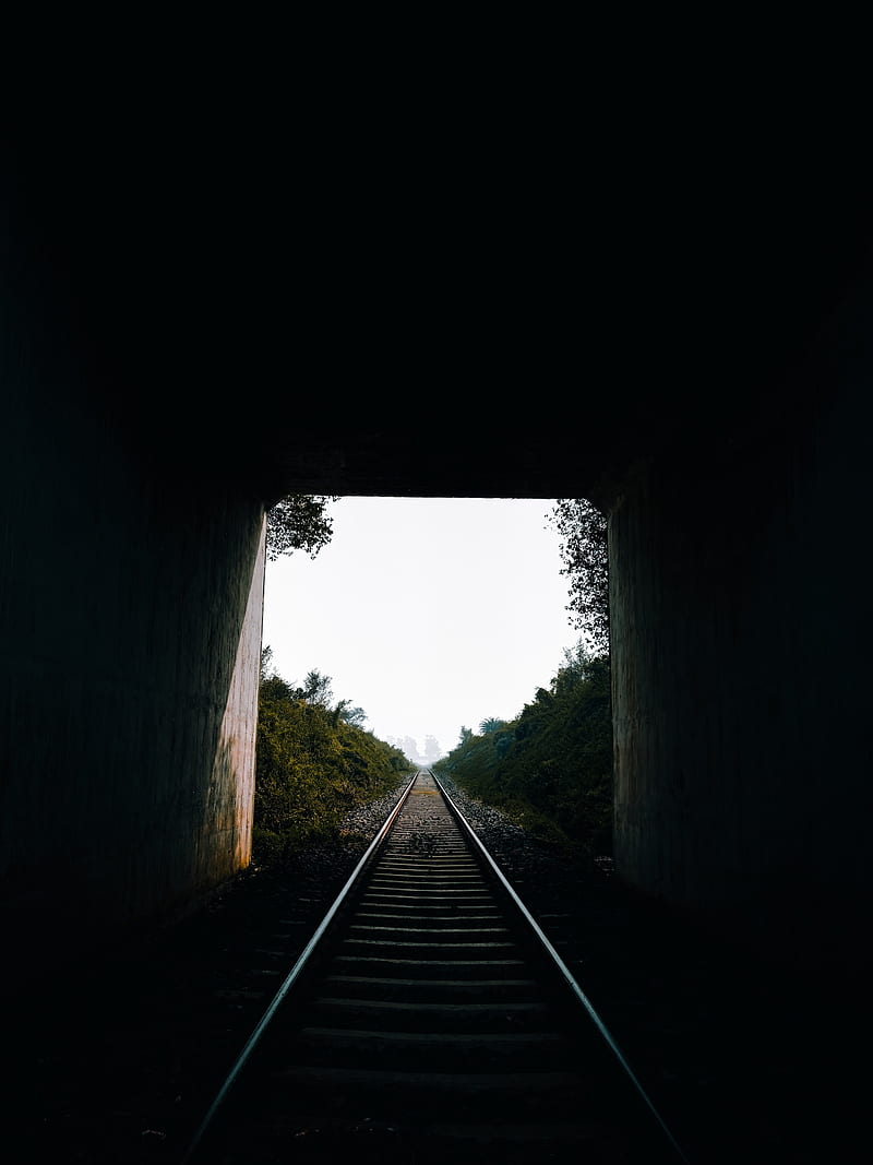 tunnel, rails, road, view, dark, HD phone wallpaper