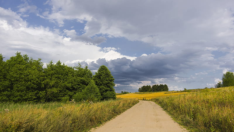 Road Path Between Grass Field Under Gray Clouds And Blue Sky Nature, HD wallpaper