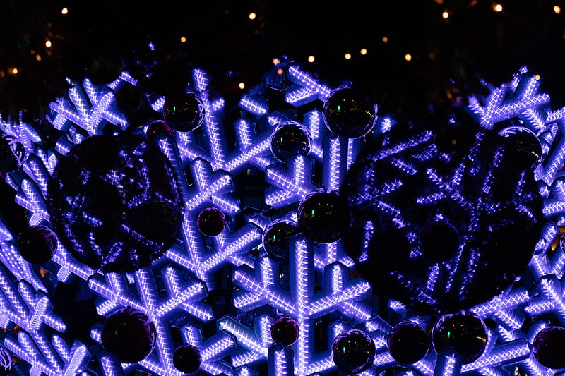 baubles, snowflakes, neon, decoration, new year, HD wallpaper