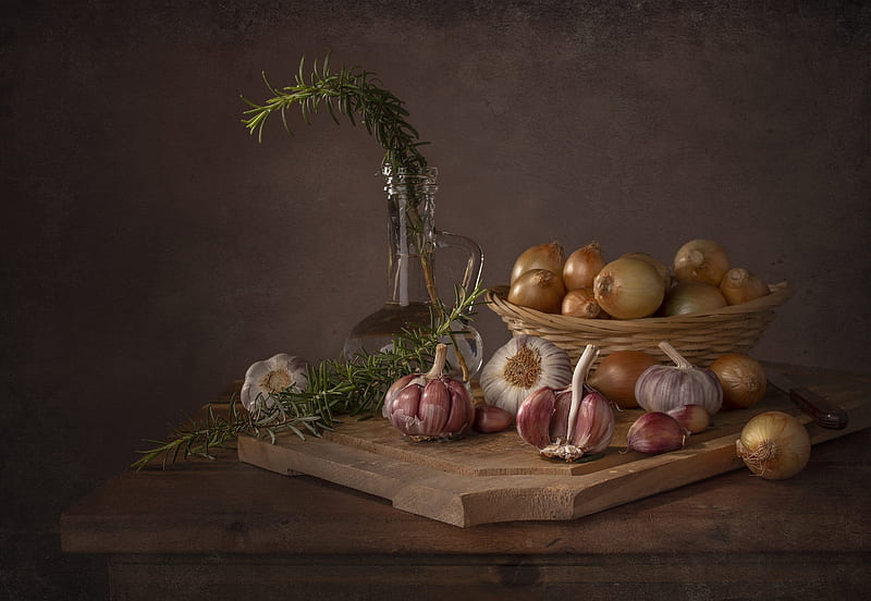 Food, Still Life, Garlic, Jug, Knife, Onion, HD wallpaper