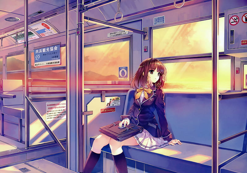 Lonely School Girl, anime girl, sunset, school girl, school uniform, bus, HD wallpaper