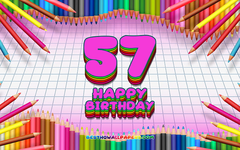 Happy 57th birtay, colorful pencils frame, Birtay Party, purple checkered background, Happy 57 Years Birtay, creative, 57th Birtay, Birtay concept, 57th Birtay Party, HD wallpaper