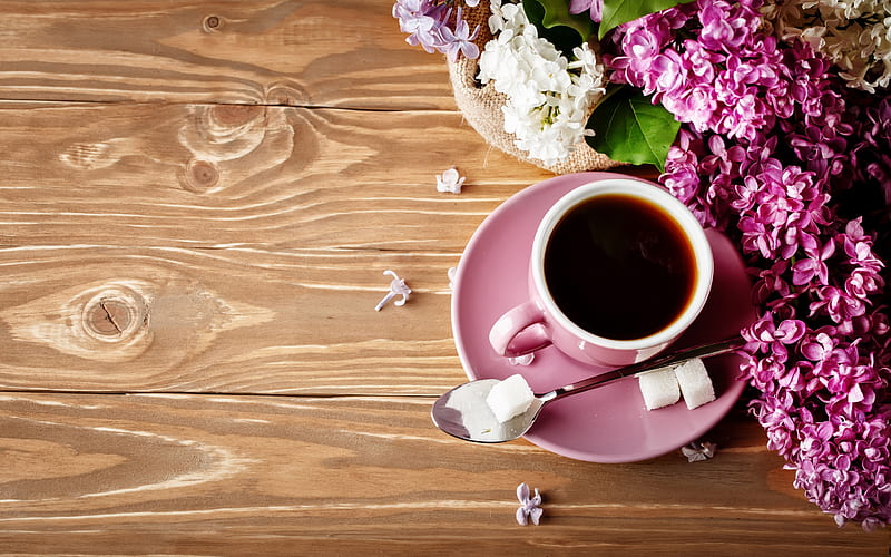 Enjoy!, lilac, brown, coffee, cup, flower, pink, wood, HD wallpaper