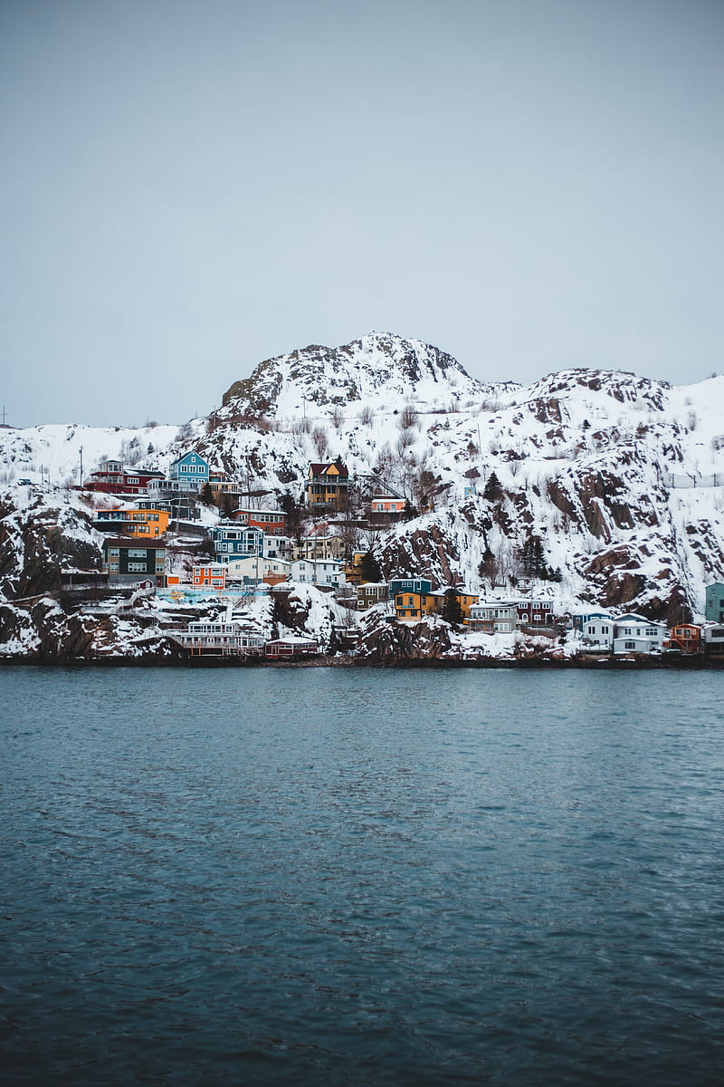 coast, buildings, cliff, mountains, snow, HD phone wallpaper