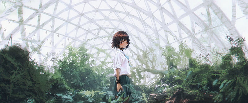 botanical garden, anime girl, brown hair, school uniform, Anime, HD wallpaper