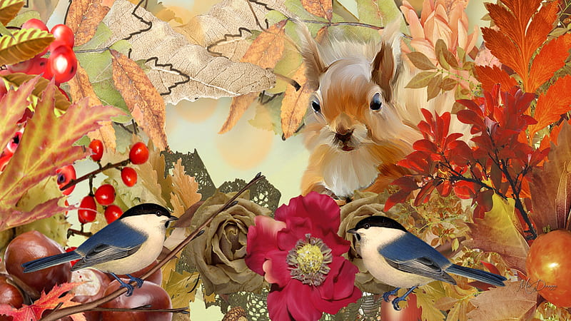 Squirrel & Chickadee Fall, flowers, birds, Firefox theme, fall, squirrel, autumn, mountain ash berries, lace, chestnuts, nuts, chickadees, leaves, HD wallpaper